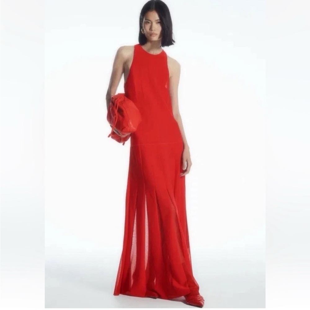NWT COS Pleated Racer Neck Drop Waist Sheer Panel Knit Red Maci Dress Sz XS